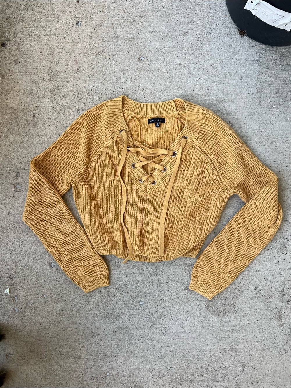 Kendall & Kylie Mustard Yellow Lace-Up V-Neck Cropped Sweater